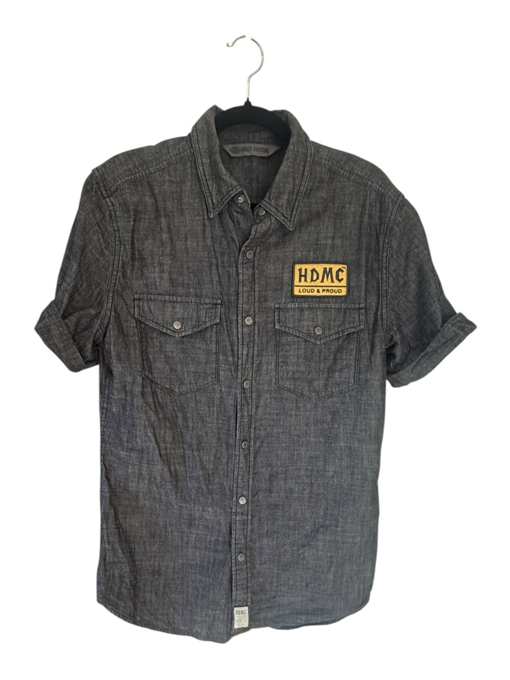 Harley-Davidson HDMC "Loud & Proud" Gray Chambray Button Up | Men’s med - Picture 2 of 6